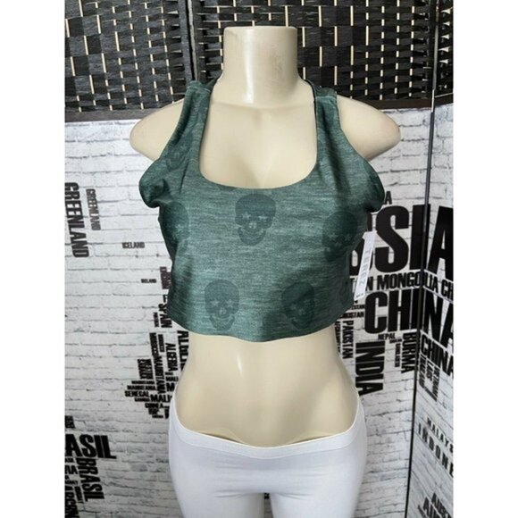 Terez XL Heather Green Skull Print Scoop Neck Racerback Sport Bra - Picture 1 of 5